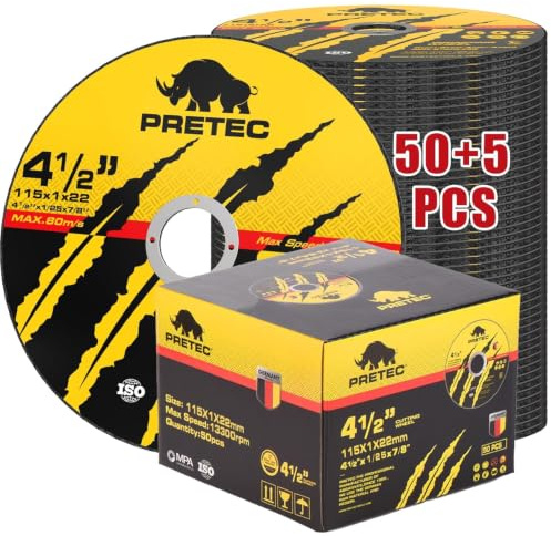Cut Off Wheels 4-1/2, PRETEC 50+5 Pack Metal Cutting Wheel,Thin 4.5” Metal & Stainless Steel Fast Cutting Discs for Angle Grinder - 7/8 Arbor Hole