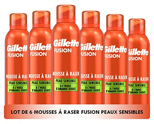 Gillette Fusion Mousse À Raser Pour Homme À L’huile D’amande, Pour Les Peaux Sensibles, X5 Actions : Nettoie, Hydrate, Protège, Rafraîchit Et Apaise, Pack de 6x250 ml