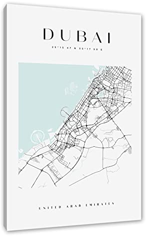 Pixxprint Stadtkarte Eckig - Dubai als, Größe: 80x60cm, Leinwandbild, fertig gespannt, Wandbild, Dekoration, Kunstdruck, kein Poster