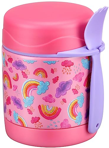 Pawtong 10oz Soup Thermo for Hot Food Kids Insulated Food Jar,Thermo Hot Food Lunch Container, Width Mouth Stainless Steel Lunch Box for Kids with Spoon (Pink-rainbow)