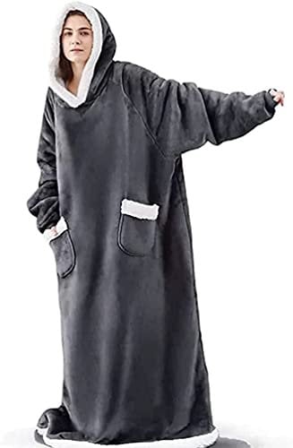 Seogva Extra Long Wearable Blanket Hoodie, Oversized Blanket Sweatshirt for Women and Men, Super Warm and Cozy Giant Hooded Blanket, Thick Flannel Blanket with Sleeves and Giant Pocket, Dark Grey