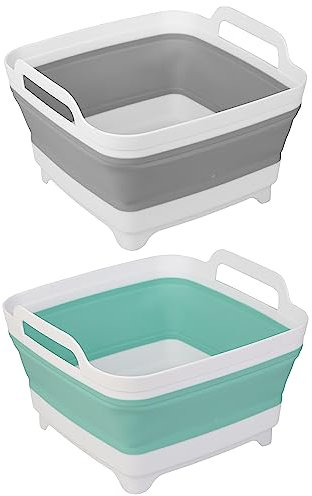 2 Pack Dishpan for Washing Dishes, Wash Basin with Draining Plug Carry Handles, Collapsible Bucket for Cleaning, Portable Sink, Foldable Plastic Tub, 2.4Gal/9L Each