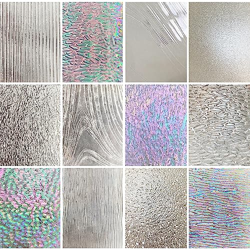 ILLUCKAI Lot de 12 feuilles de vitrail transparentes texturées, 10,2 x 15,2 cm, arc-en-ciel irisé cathédrale artistique, textures variées, fournitures de vitrail pour projets de vitrail et artisanat