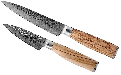 Sallys Kiddo & Wakai Messer aus rostfreiem Damaszener-Stahl - Griff aus hochwertigem Olivenholz, inkl. edler Holzbox zur sicheren Aufbewahrung, 67-lagigen VG-10-Damaskus