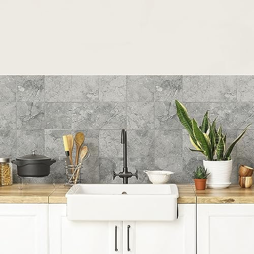 CREARREDA Panneau de Cuisine Anti-éclaboussures, Autocollant Mural Facile à appliquer, Motifs carrelage Gris, 260 x 60 cm, 100% fabriqué en Italie, en PVC, Ignifuge et résistant à l’Eau, pour évier