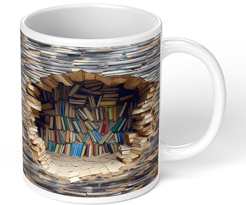 Print Maniacs 3D Bookshelf Mug Creative Design Ceramic Coffee Mug Library Bookshelf Mug 3D Effect Books Mugs A Library Shelf Cup Book Club Cup Gifts for Readers Book Lovers