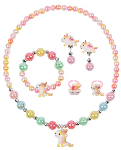 OSDUE Bijoux Enfants, Licorne ColoréE-Ensemble de Bijoux, Petites Filles Collier Bracelet Bague Boucles d'oreilles Set 6 Pièces, Princesse Bijoux Habiller Jeu Anniversaire Noël Cadeau pour Fille
