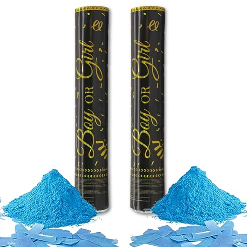 D2D | Gender Reveal Konfetti Rauch Überraschung - 2 Kanonen in Blau - Größe 30 cm - Boy or Girl - Baby Shower Party - Party Popper