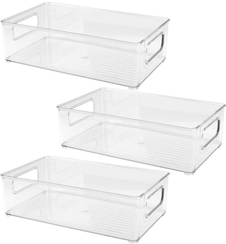 CHUENKUK Kühlschrank Organizer Stapelbar 3er Set, 25.5 x 15.1 x 7.6 cm Kühlschrankbox mit Griff, Speisekammer Vorratsbehälter für Küchen, Küchenschrank, Schränke, Schreibtisch, Mittel, Klar