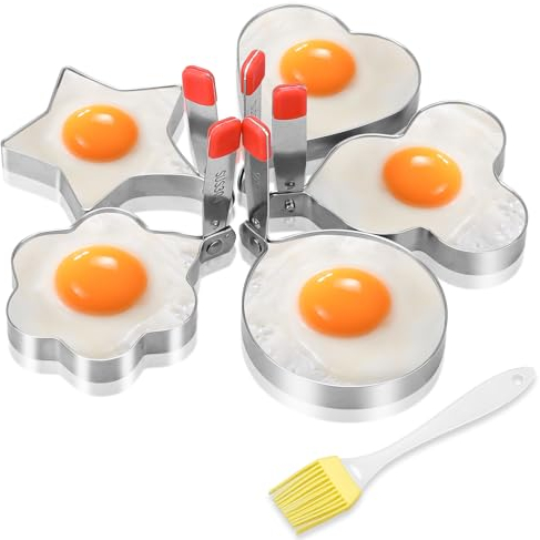 5 Stücke Spiegeleierformen für die Pfanne, Spiegeleiform Edelstahl, Herzförmig Blumenförmig Sternförmig Mausförmig Pochierte Eier Form, 3,5 Zoll runde Eierform mit Ölbürste für Omelette