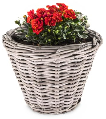 Pflanzkübel Premium Kubu Rattan-Korb als Pflanztopf für außen - runder Pflanzkasten als wetterfester Blumentopf in Ø 35 x 25 cm - Hoher Pflanzkorb als Blumen-Korb und Pflanzen-Topf