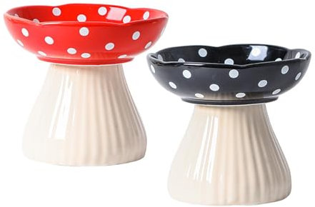 Liemuao 2 Pièces Gamelle Chat Surélevée, 300ml Gamelle Céramique en Forme de Champignons, Inclinable à 15° Bol pour Chat Anti-Vomissements Bol pour Animaux de Compagnie (Rouge+Noir)