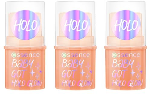 essence BABY GOT HOLO GLOW highlighter stick, Nr. 10, Mehrfarbig, sofortiges Ergebnis, strahlend, schimmernd, holographisch, vegan, ölfrei, ohne Parabene, ohne Mikroplastikpartikel, 3er Pack (3x5g)