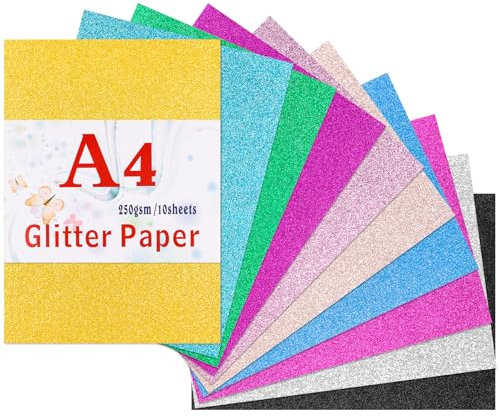 Caianwin 10 Sheets Glitter Cardstock 10 Colors Glitter Card A4 Glitter Paper for Craft for Wedding Cards, Birthday Decorations, Holiday Greeting Cards DIY Gift