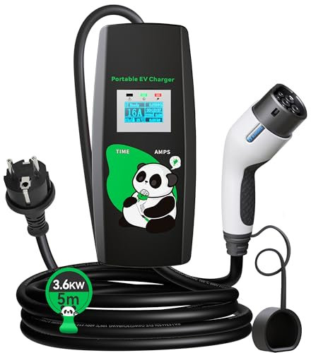 KHONS Cable de Carga Tipo 2 de con Enchufe Schuko de 5 Metros, 6-16 A, monofásico, 3,6 kW, IP65, estación de Carga para Pared móvil IEC 62196-2 con Bolsa de Transporte