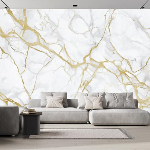 Wallpaper Papier Peint Panoramique Marbre Gris 400×280cm Poster Geant Mural，3D Rayures Jaunes Peinture Murale Papier Peint Salon Chambre