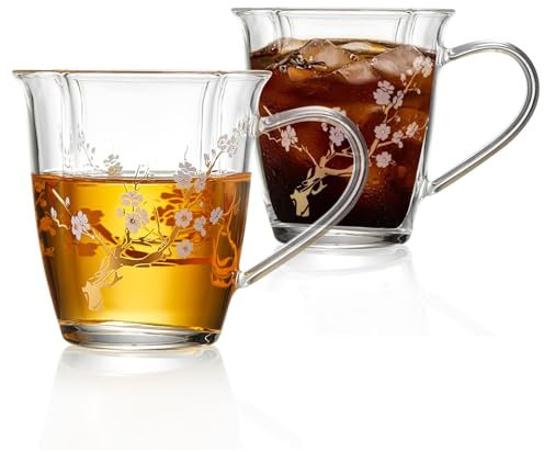 MESNEY Tazzine Caffè in Vetro 140 ml, Set da 2 Tazze da Caffè, Fiori di Prugno Bianchi, Cambiano Colore con Acqua Calda, Bicchieri in Vetro Borosilicato Resistente al Calore