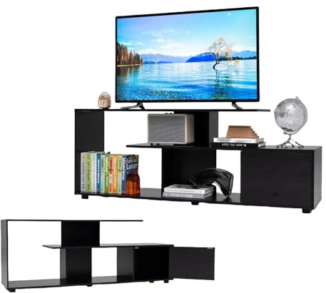 KOMFOTTEU Mobile TV per TV fino a 55 pollici, Panca TV a 3 livelli con armadio a porta, tavolo TV con gambe regolabili, 152 x 38 x 58,5 cm, per soggiorno camera da letto e ufficio (nero)
