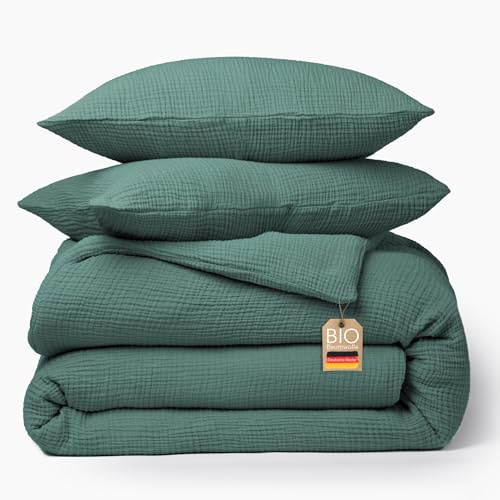 Bio Musselin Bettwäsche Set (Dunkelgrün, 220x240 cm + 2x Kissen 80x80 cm)