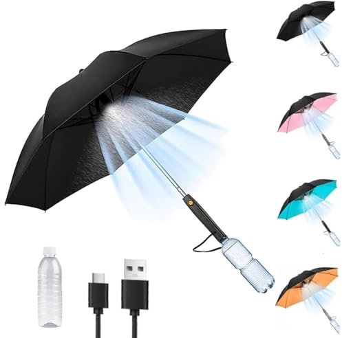 Yuhaidzsw Misting Umbrella with Fan & Water Bottle, Portable 3 in 1 usb Rechargeable Sunshade, Mist Spray Sun Umbrella with Miste for Outdoor, Beach, BBQ, and Festivals, UV Blocking (Black,Battery)