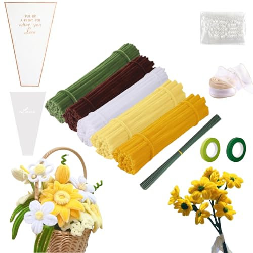 FINEVERNEK Sonnenblumen Pfeifenreiniger Blumen Set, 250 Stück Pfeifenputzer zum basteln Blumen(5 Farben), mit 20 Stück Grün Basteldraht, Bänder, Perlen für Blumenstrauß DIY Basteln