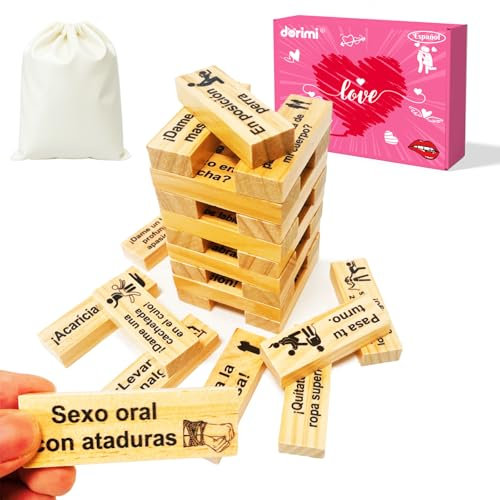 Juego Erótico Español Torre de Madera 48 Piezas – Juegos Hot para Adultos, Torre Picante para Parejas, Juego de Mesa, Bloques con Acabado Antihumedad (Versión Mejorada Madera 48 Pcs)