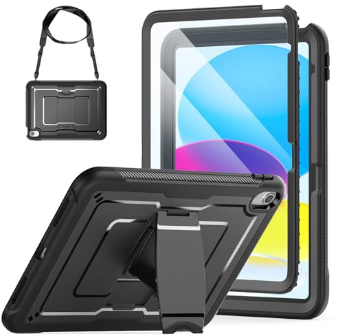 SEYMAC stock Coque pour iPad (A16) 11ème/10ème Génération 11/10,9 Pouces 2025/2022, Coque Antichoc avec Protecteur D'écran, Support Pliable et Bandoulière pour iPad A16 11/10.9, Noir