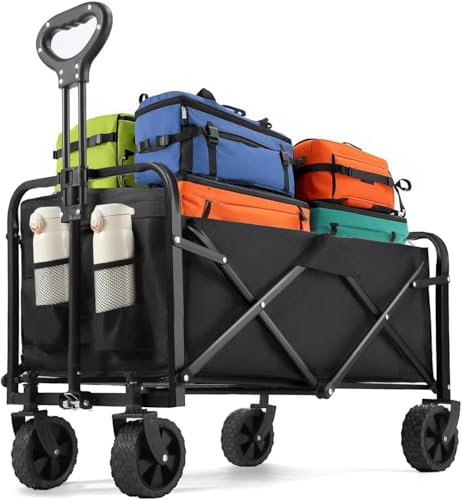 Bollerwagen Faltbar, 100L 75KG Belastbar Bollerwagen, 360° Geländeräder, 70 x 43 x 72cm Faltwagen Strandwagen mit 2 Getränkehalter 12cm Reifen für Camping Strand Einkaufen (Schwarz)