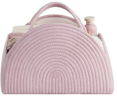 lelewangluo Nappy Caddy, Cotton Woven Rope Diaper Caddy,Portable Baby Nappy Organiser Storage Basket, Sturdy Changing Cadd-y with Handles, Baby Essentials for Newborn (pink)