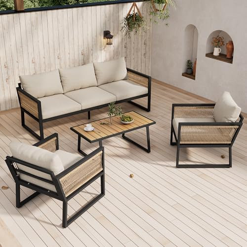 LANTRO JS Gartenmöbel Set mit 3er Sofa, 2 Sessel und Couchtisch, Garten Loungesessel Set, 4 TLG, Lounge Möbel Outdoor mit Armlehnen aus Geflochtenem Seil, Gartenlounge Set, Beige