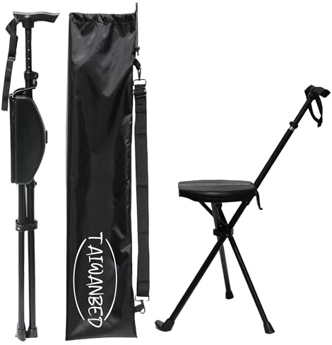 TAIWANBED Portable 2 in 1 Walking Stick with Seat for Adults, Heavy Duty Folding Walking Sticks Chair with Cushion, Lightweight Shooting Stick with Non-Slip Base & Carry Bag, Supports 250kg