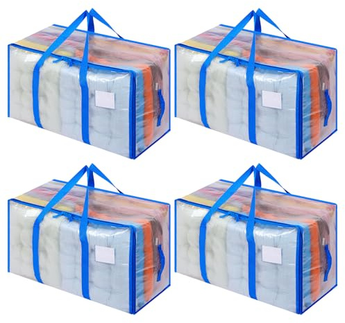 Dntorx 4 Pack 105L Moving Bags Clothes Storage Bags Drom Packing Box, Blue | PP Woven Material, Clear Design, Strong Handles, 150lb Load, Label Window, For Clothes, Bedding, Toys, Moving and Storage