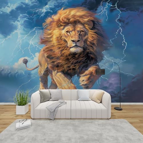 Fototapete Löwe Schlafzimmer, 3D Tapete Wilde Tiere, Vliestapete Braun Blau, Tapeten Wohnzimmer Muster, Fantasie Tiere Wand Deko Kinderzimmer, Wandtapete, Mustertapete 300x210 cm