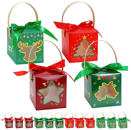 16 Stück geschenkkarton weihnachten, Rot Grün Wiederverwendbar geschenkbox klein weihnachten, 4 Designs Sterne Glocken Party-Dekorationen für Geschenkverpackung