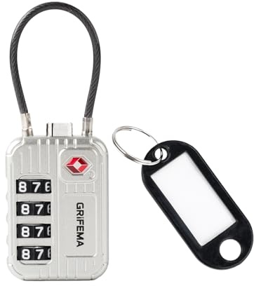 GRIFEMA Candado TSA con Combinación de 4 Dígitos, Cable Flexible para Maletas, Bolsos y Equipaje de Viaje, Plata (1 Unidad, GA1008W)