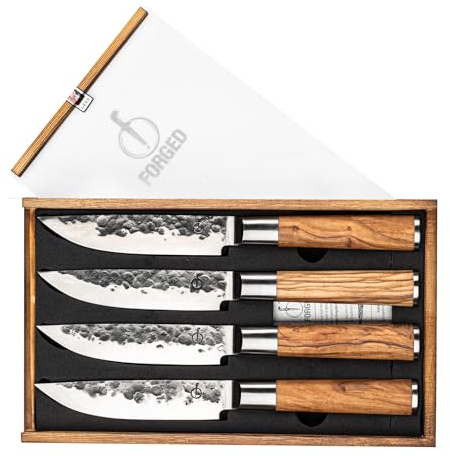 Forged Olive Steakmesser-Set, 440C Edelstahl, Olivenholz-Griff, XXL 4-teilig
