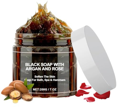 Schwarze Seife - Moroccan Black Soap mit Arganöl & Rosenextrakt - Hamam Seife Tiefenreinigung & Sanfte Exfoliation - Marokko Schwarze Seife Feuchtigkeitsspendend - Für Alle Hauttypen