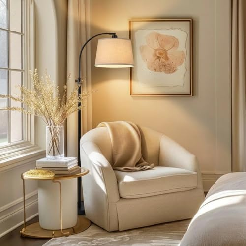 BTTO Lampadaire LED sur Pied Salon, Lampadaire Arc Abat-Jour en Lin Beige, Ampoule Fournie, 3 Températures de Couleur Angle Réglable Lampe de Lecture, Design Vintage pour Salon, Bureau, Chambre, Noir