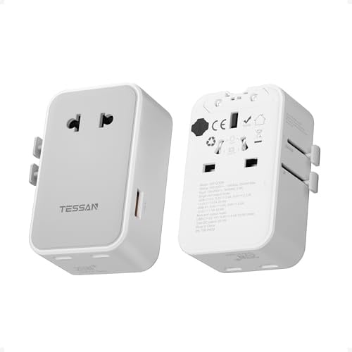TESSAN Reiseadapter Weltweit PD 20W, Universal Travel Adapter, Grau | 2 USB C und 1 USB A, Reisestecker Adapter Weltweit, Internationaler Steckdosenadapter für England USA Japan Thailand