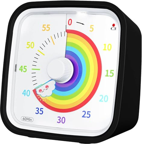 Visual Timer with Protective Case, Yunbaoit Upgraded 60-Minute Countdown Timer for Kids and Adults with Low Battery Remind, Silent Time Management Tool (Black Rainbow, One Size)