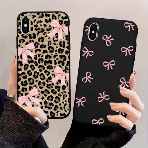 Yoedge 2 Pack Stylish Pink Bow Leopard Phone Case for iPhone X/iPhone Xs 5.8,Cartoon Leopard Print Aesthetic Cases Design Pattern Cases for Girls Women Boys,Soft Silicone TPU Protective Cover Funda