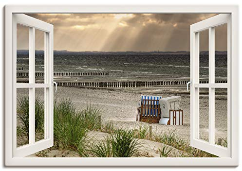 ARTLAND Wanddeko Leinwand Bilder Wandbild 100x70 cm Fensterblick Fenster Strand Düne Meer Maritim Strandkorb Küste Insel T6AM