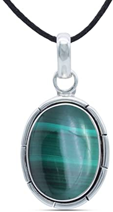 mantraroma Kettenanhänger 925 Silber Malachit grüner gestreifter Stein Edelstein Kettenanhänger Damen Sterling Silber Halskette Anhänger Geschenk (MAH-060-10)