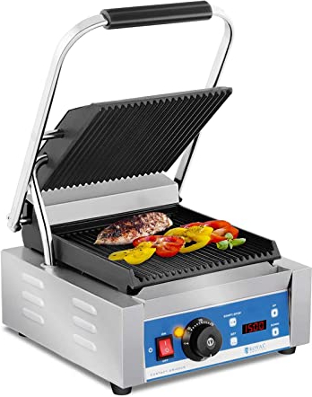 Royal Catering Panini Grill Plancha Grill Electrica (1800 W, Superficie Ondulada, 55–300 °C, Temporizador 15 Min, Bandeja de goteo, 36,2 x 31,3 x 20,1 cm)