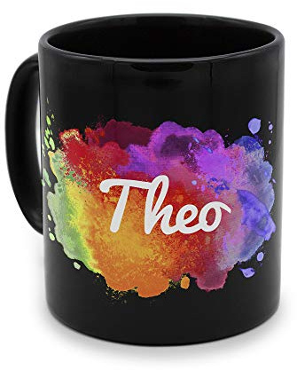 printplanet - Tasse Schwarz mit Namen Theo - Motiv: color paint - Namenstasse, Kaffeebecher, Mug, Becher, Kaffeetasse