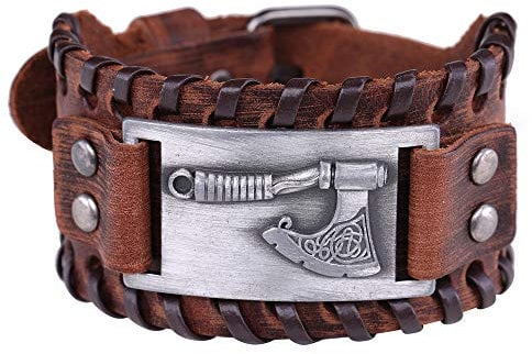 LIKGREAT Slavic Perun's Axe Charm Brown Braided Leather Bracelet Viking Jewelry for Men (Brown, Antique Silver)