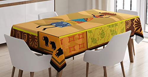 ABAKUHAUS afrikanische Frau Tischdecke, Kamele Elefanten, Für den Inn und Outdoor Bereich geeignet Waschbar Druck Klar Kein Verblassen, 140 x 240 cm, Fern Mehrfarbig