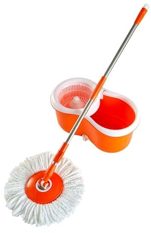 Imusa USA MOP-09215 Microfiber Easy Rinse Spin Mop with Bucket & Metal Handle, Plastic, Orange