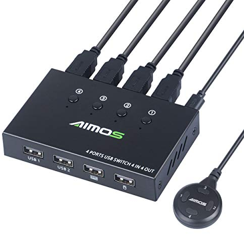 AIMOS USB 2.0 Switch für 4 Computers 4 In 4 Out Umschalter für Teilen Drucker, Scanner, Tastatur, USB Sticks, Festplatten, Maus