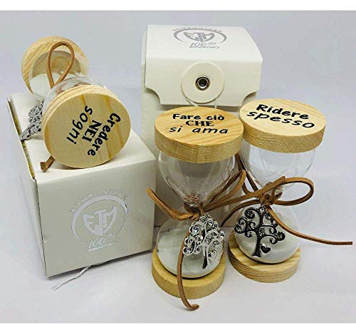 Publilancio srl 3 PZ Clessidra 11 cm Albero della Vita con Scritta BOMBONIERA | Clessidre in Vetro con Tappo in Legno con incise Frasi | | Ogni Clessidra ha la Sua Elegante Scatola da Regalo